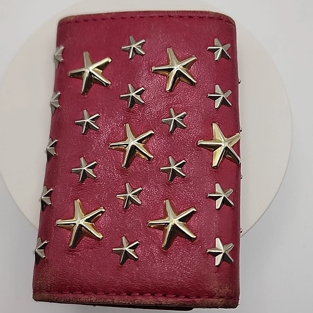 Jimmy Choo Gold, Silver Star-Studded Red Leather Wallet‎ -1 Key Holder, 1 Loose